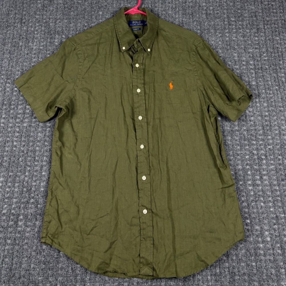 Polo Ralph Lauren Classic Fit Linen Shirt Short Sleeve Medium Olive Green